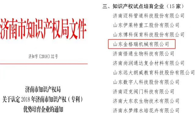 山东91免费黄色下载入口机械有限公司为知识产权试点培育企业
